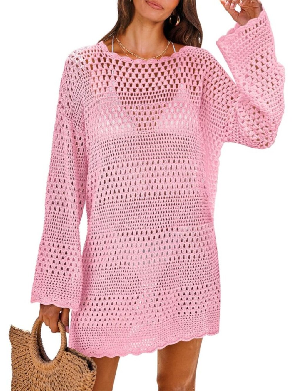 〽️Women's Swimsuit Cover Up Pink Summer Pull On Mesh Knit Crochet Dress Crochet